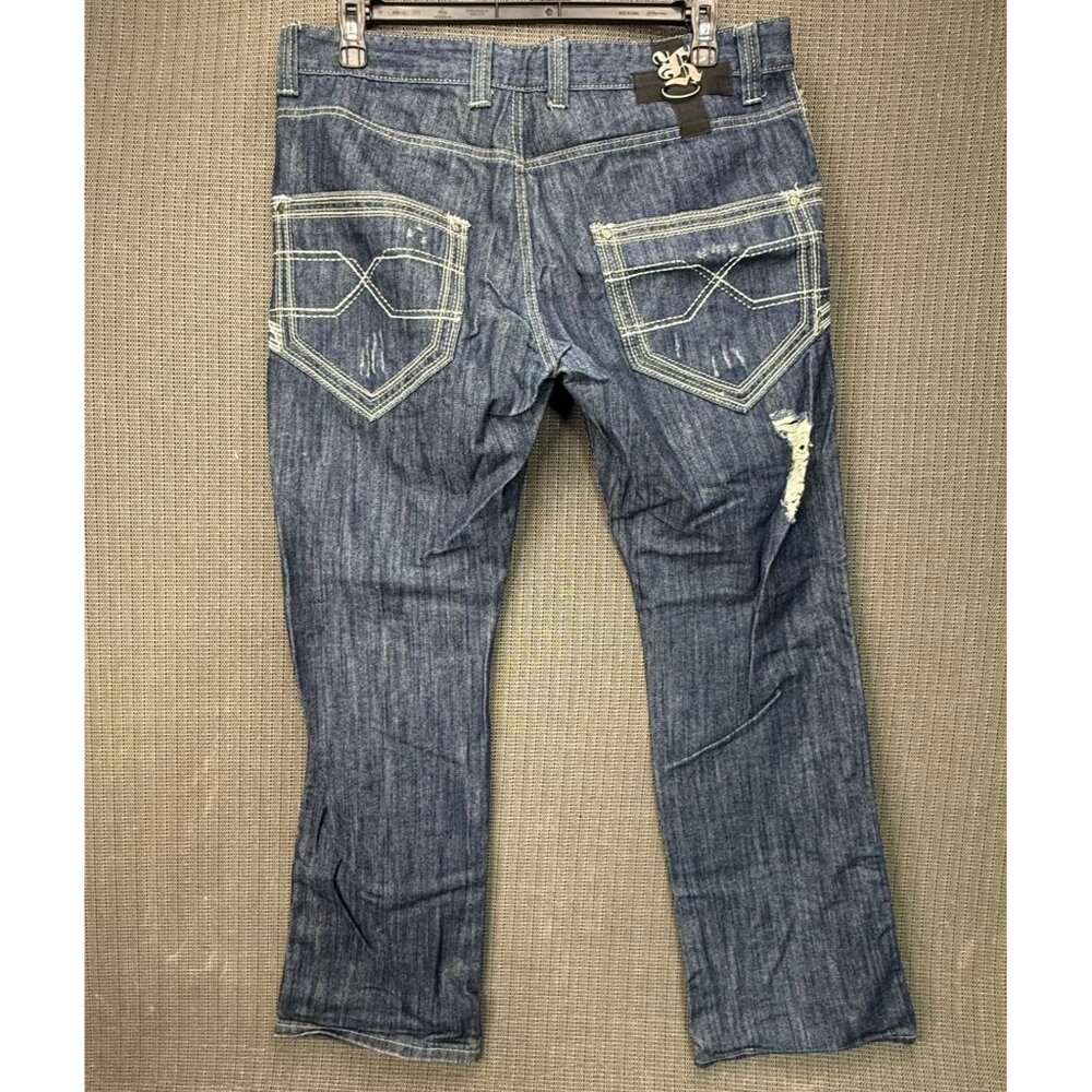 Kaalu Mens Size W36 L32 Blue Distressed Straight Leg Denim Jeans Medium Wash